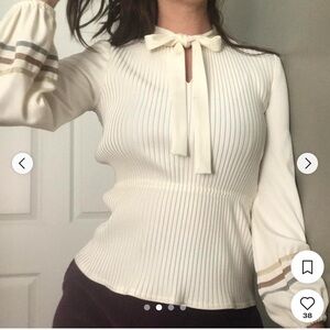 Andree Cream Blouse with Bow and Stripe Accents Trendy Fitted Chic